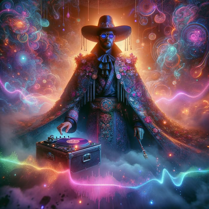 Mystical DJ with Wizard-Like Aura in Electro-Magic Fusion Scene