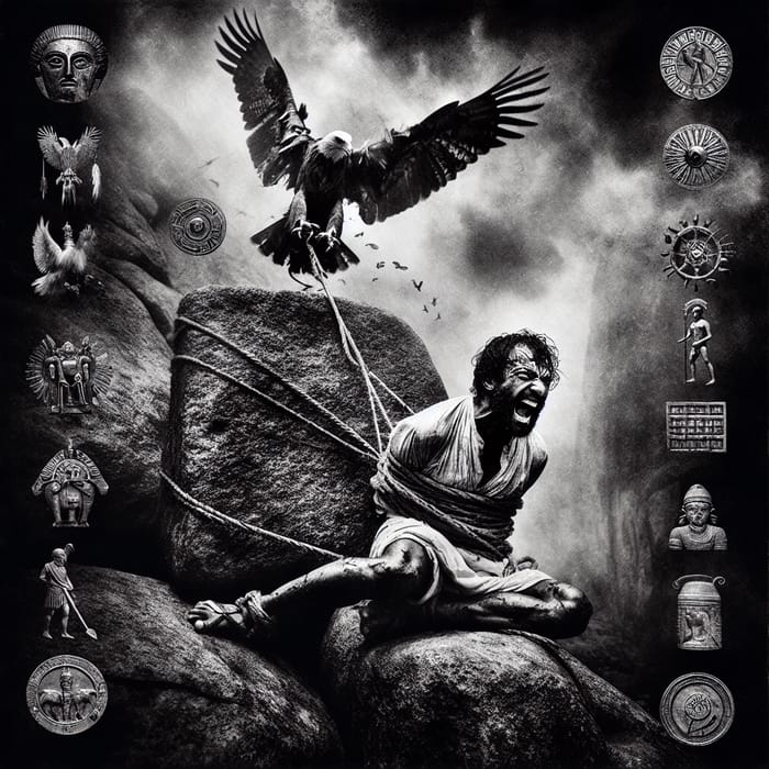 Prometheus vs Eagle: Mythical Struggle in Intense Monochrome Image