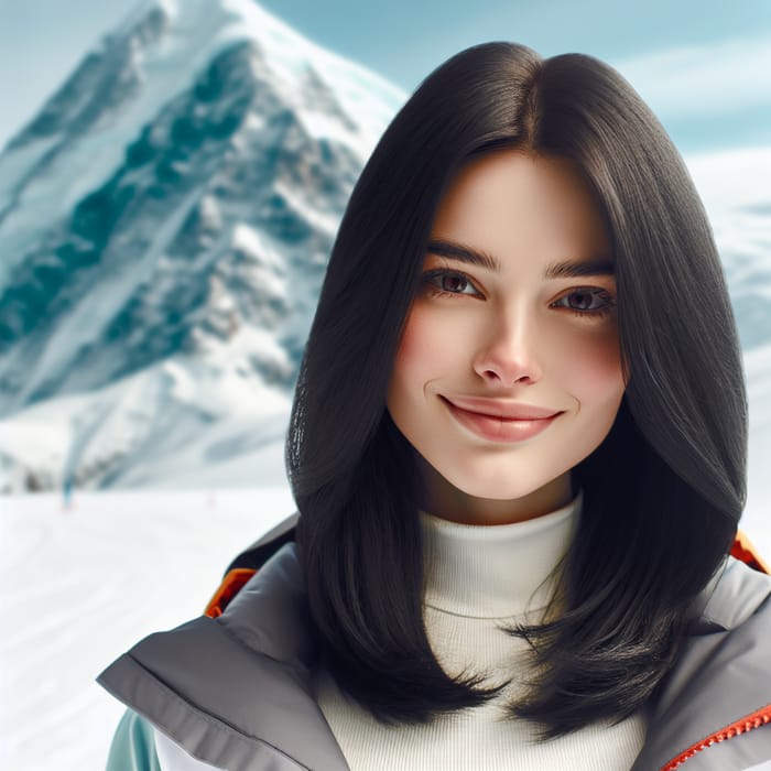 Smiling Black-Haired Woman in Snowy Mountain Skiing Scene