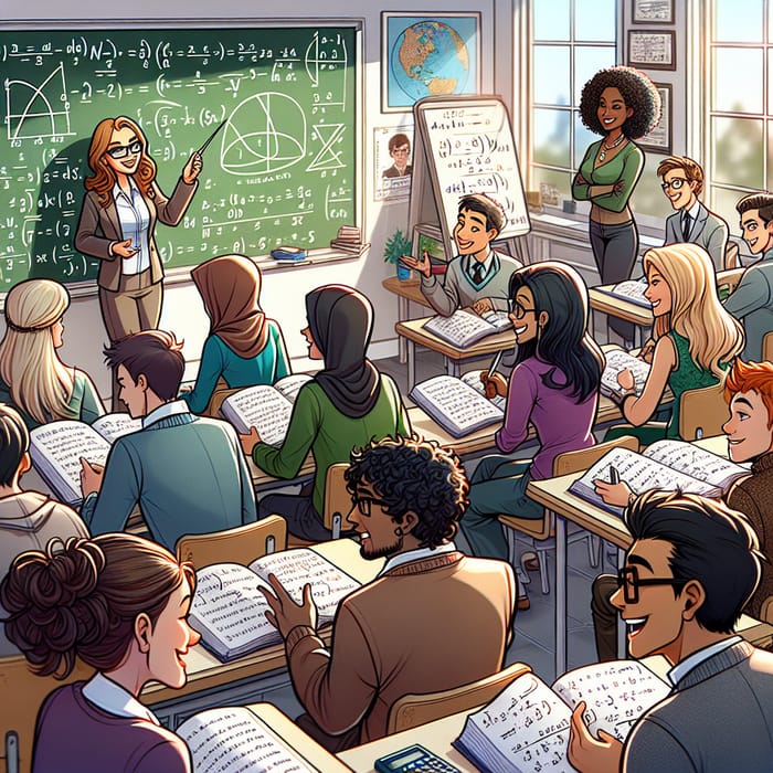 Vibrant Math Classroom Cartoon - Engaging Students & Complex Formulas