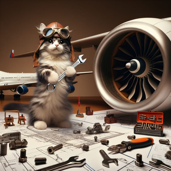 Cat Aircraft Engineer - Whimsical Feline Aviation Scene