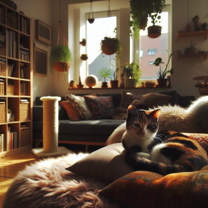 Cozy Living Room Scene with Domestic Short-Haired Cat - Serene Atmosphere