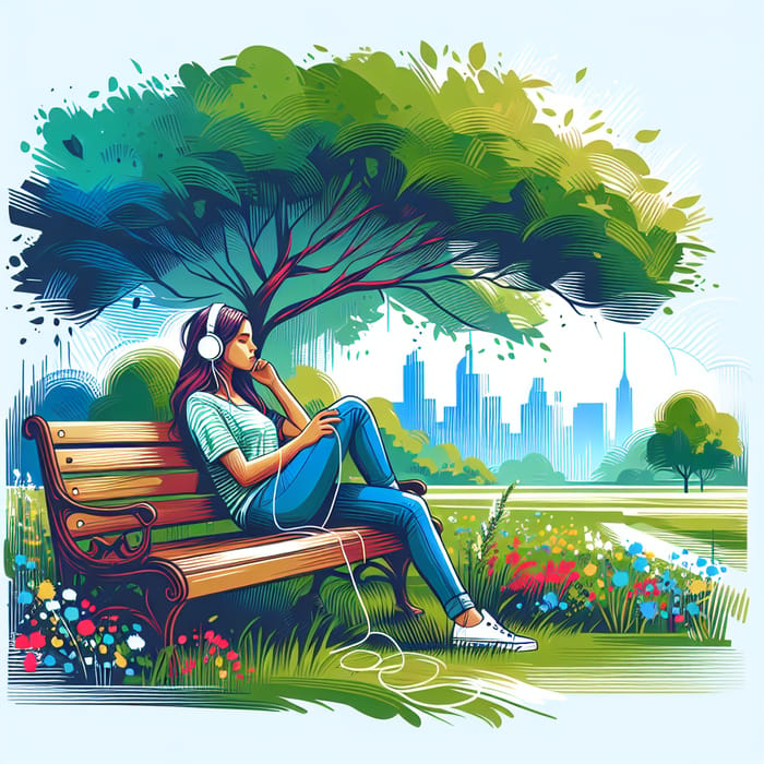 Girl Sitting and Listening to Music in Modern Park Setting