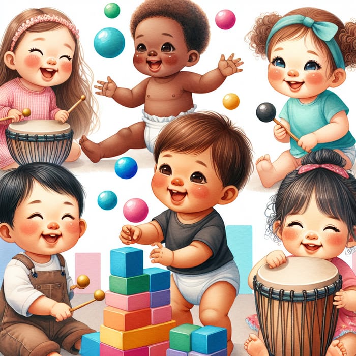 Joyful Babies Watercolor Painting Playing