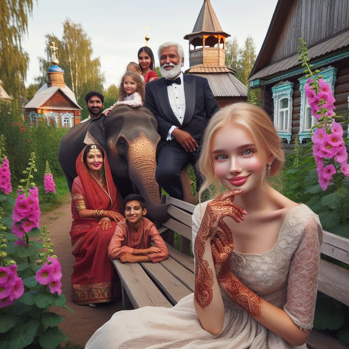 Blonde Slavic Girl and Indian Family in Picturesque Russian Garden