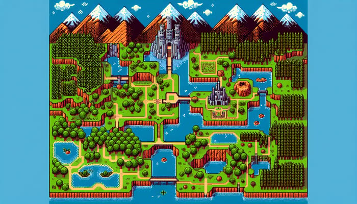 32-Bit Pixelated Adventure Map: Oak Forest, Tall Castle & More