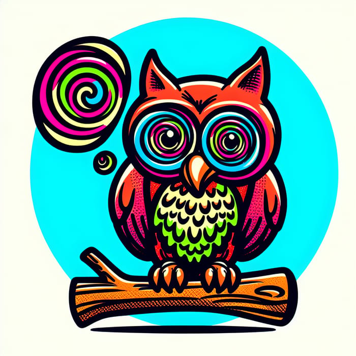 Funny Cartoon Neon Owl with Spiral Eyes