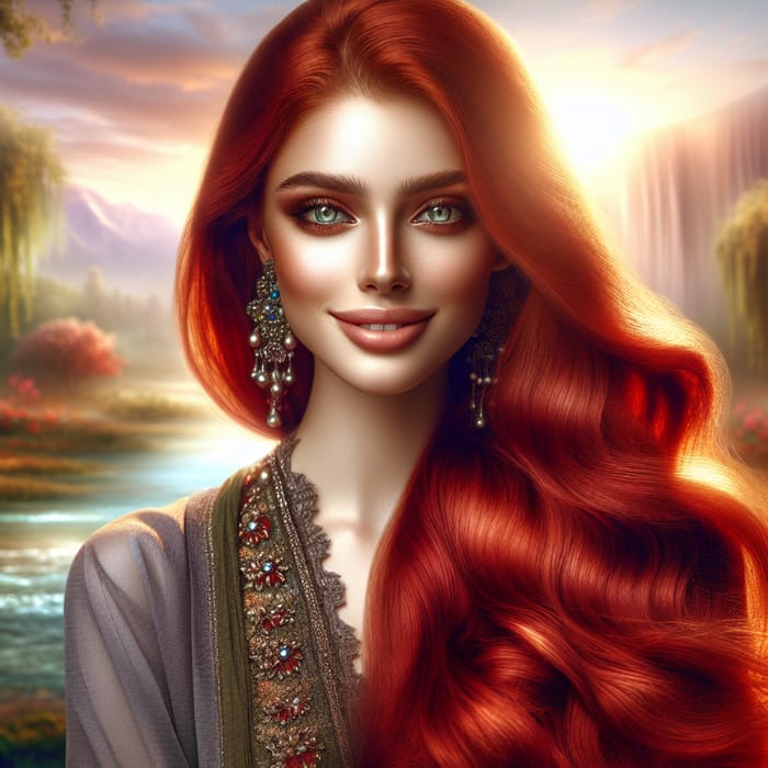 Radiant Red-Haired Woman in Tranquil Setting