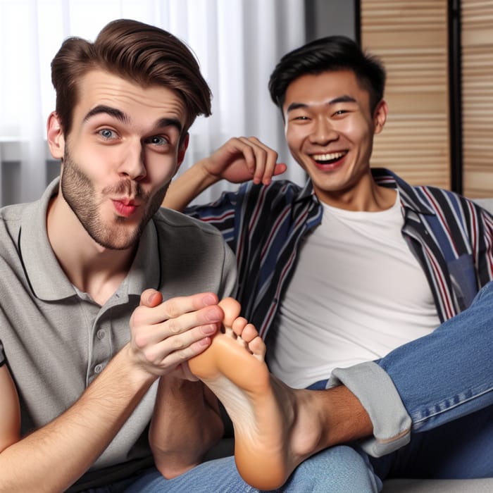 Young Men Playfully Smelling Friend's Feet | Casual Fun