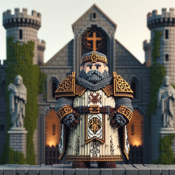 Pixelated Male Dwarf Cleric in Majestic Ancient Stone Castle