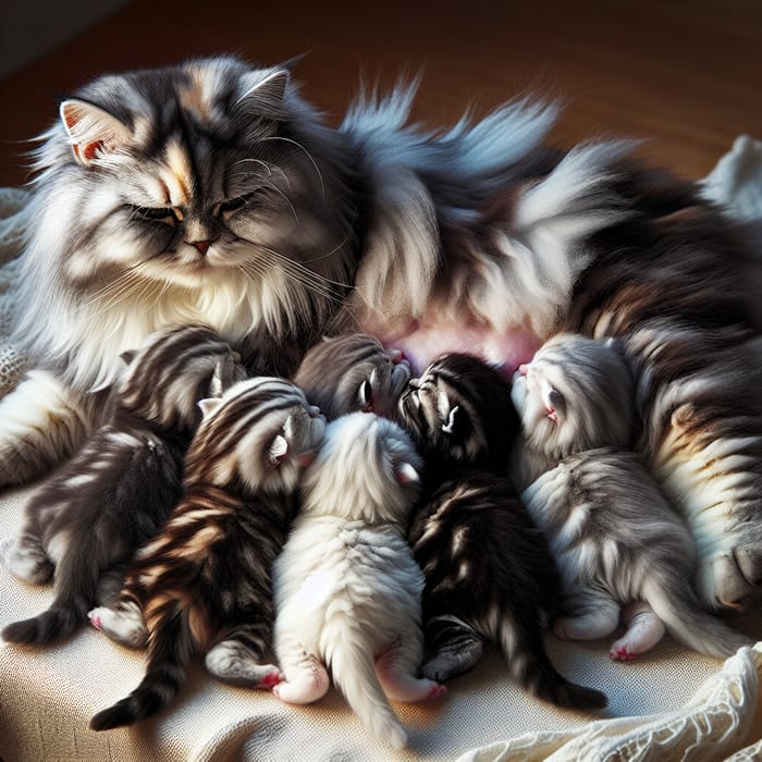 Tender Scene of British Long Hair Kittens Nursed by Multi-color Mother Cat