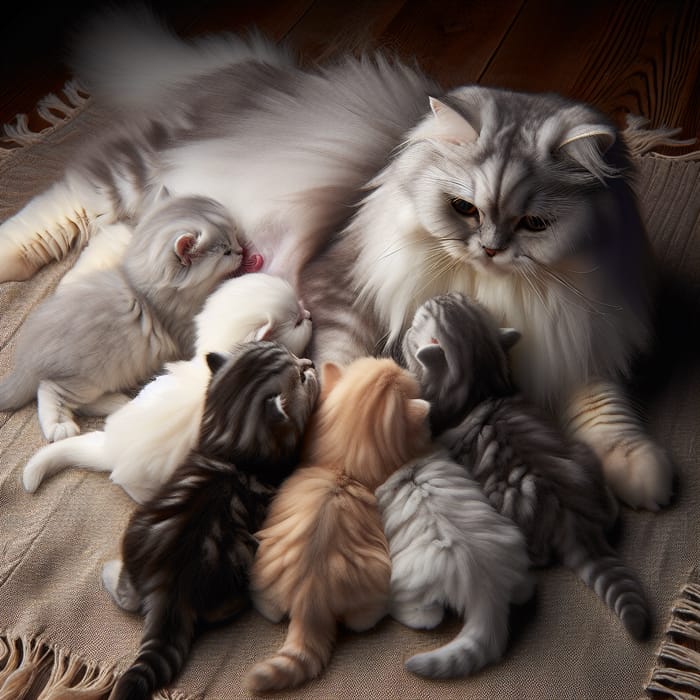 Adorable British Long Hair Kittens Nursed by Their Mom