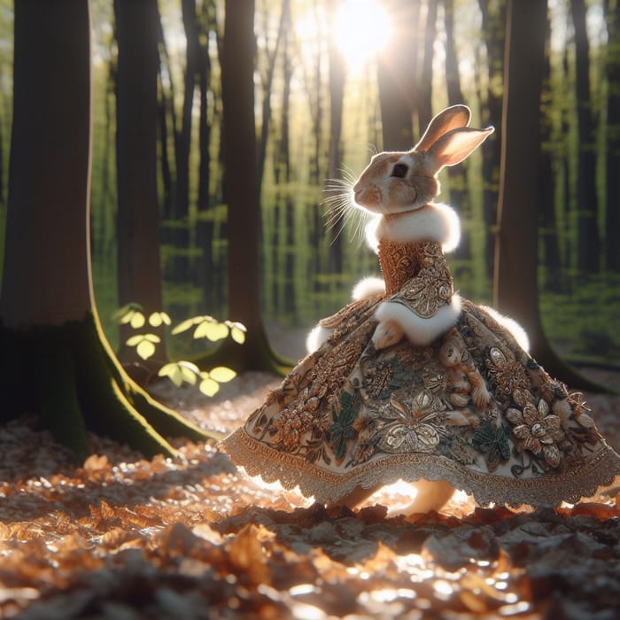 Elegant Easter Rabbit in Zuhair Murad Dress Amidst Sunlit Forest