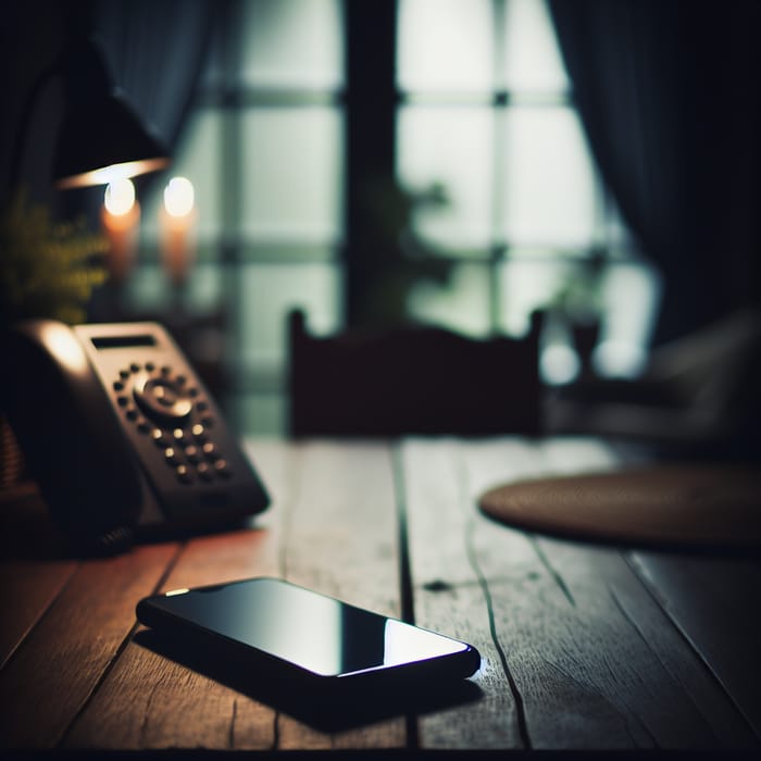 Dark Home Ambiance: Mobile Phone Ringing on Wooden Table