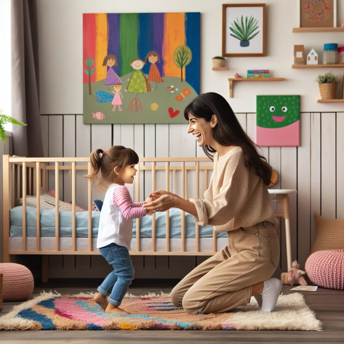 Young Woman Playing with Child in Nursery Decorated Room