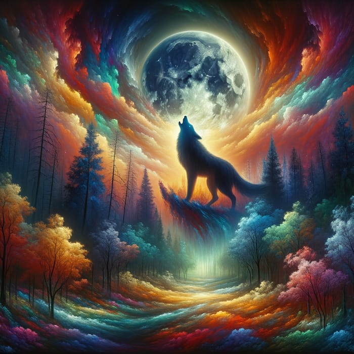 Mystical Moonlit Forest: Lone Wolf Howling in Vibrant Colors