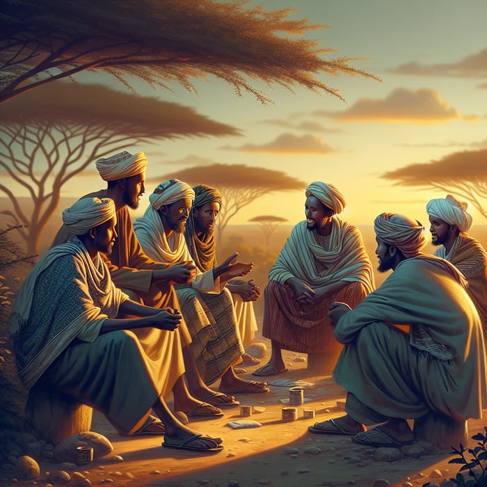 Serene Scene of Somali Men Engaged in Friendly Discussion Outdoors