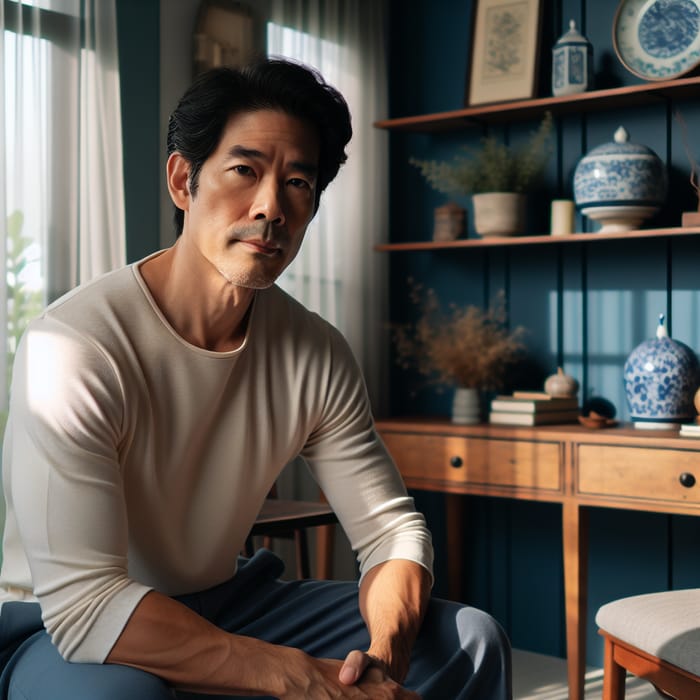 Asian Man in Blue and White Room Sitting