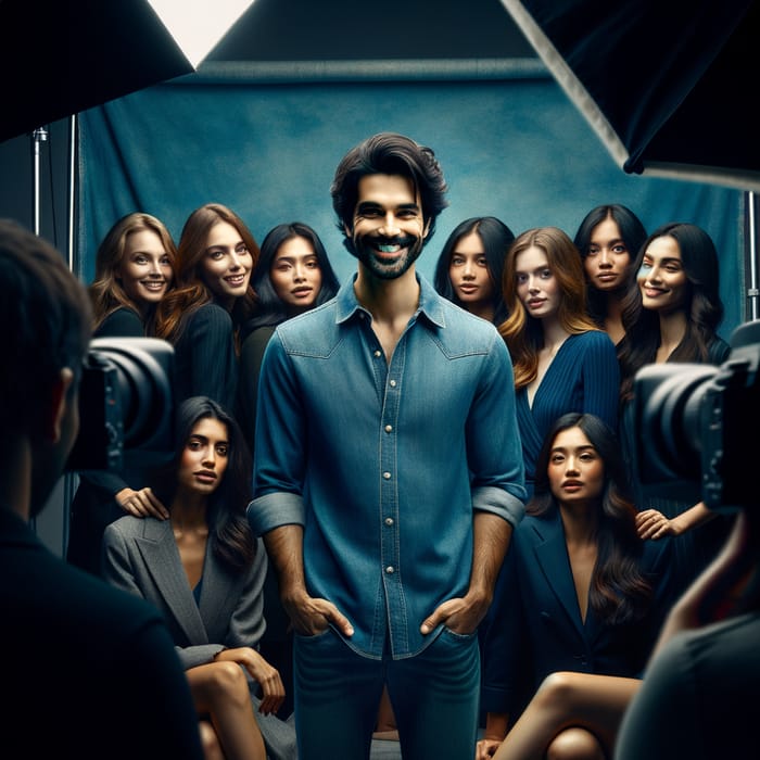 Smiling Man Surrounded by Women, Blue Background, Studio Lighting