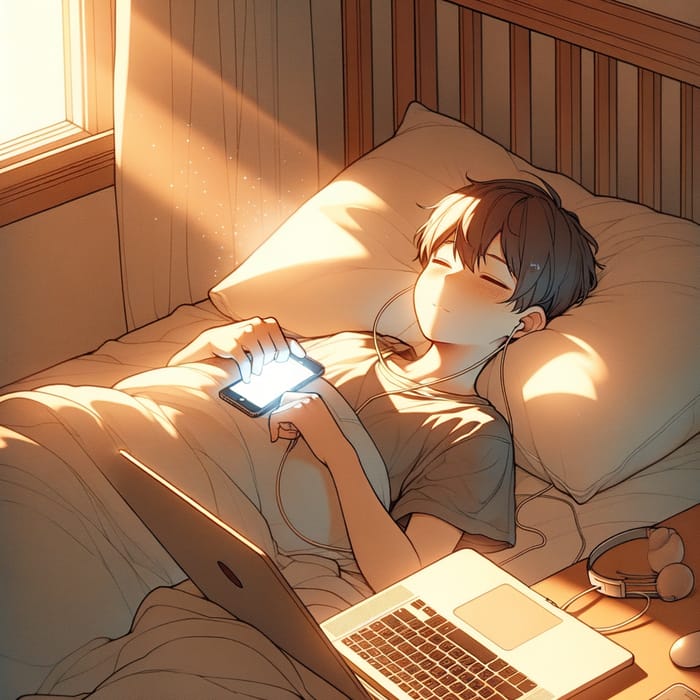 Sleeping Boy with Mobile, Laptop, Headphones - Anime Style