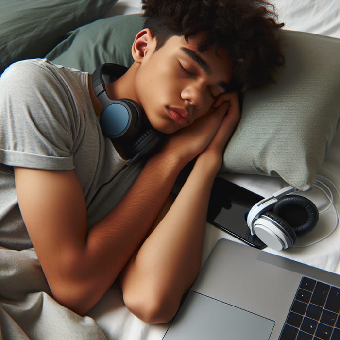 Boy Sleeping in Bed using Mobile, Laptop, and Headphone
