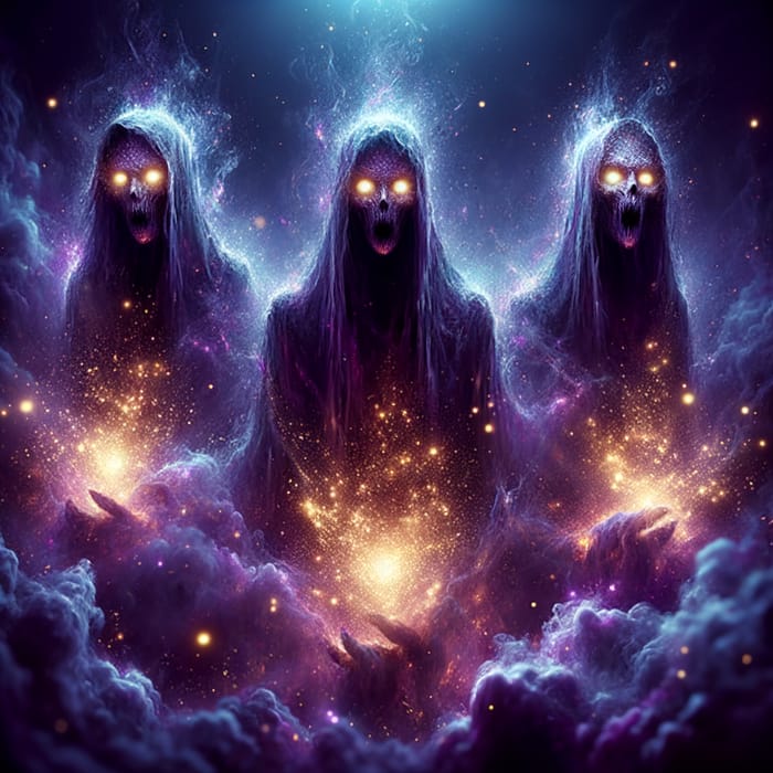Ethereal Jinn Entities in Purple Mist and Golden Fire - Mystical Night Scene