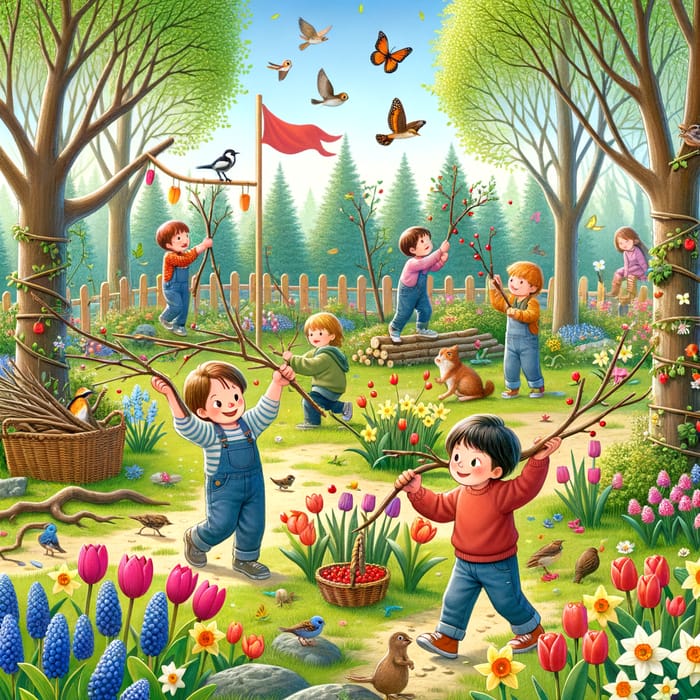 Whimsical Forest Scene: Playful Children, Spring Flowers, and Fascinating Discoveries