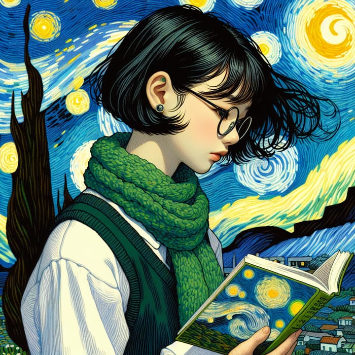 Studio Ghibli Style Girl Reading Green Cover Book | Art Scene