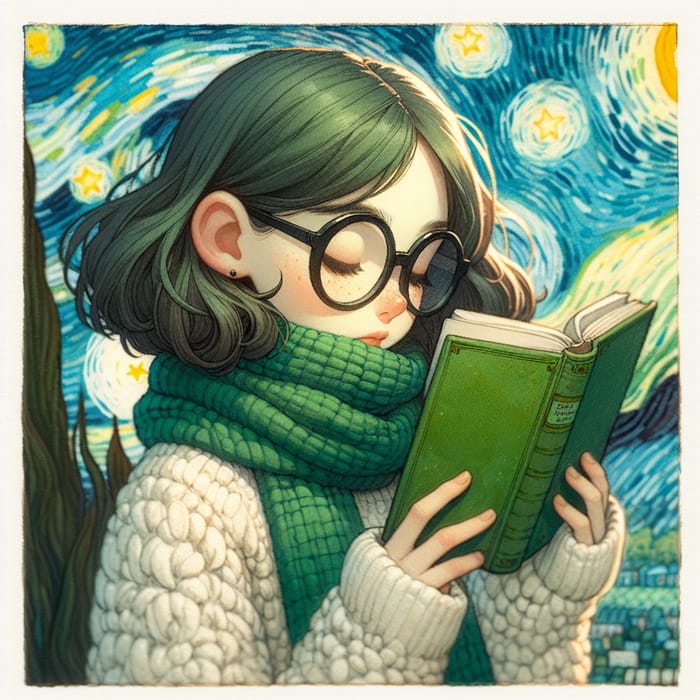 Whimsical Girl in 'Ray-Ban' Glasses Reading Book Under 'Starry Night'