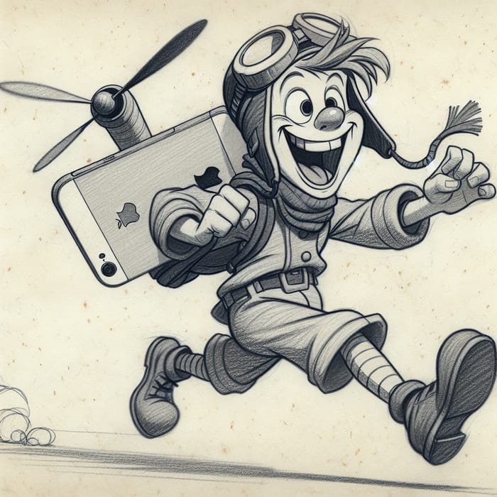 Vintage Animation Pencil Sketch of Joyful Male with Oversized Propeller Beanie Hat and iPhone