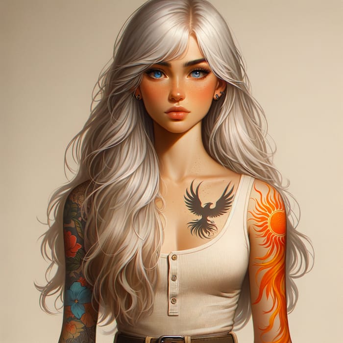 Hispanic Girl with White Hair, Blue Eyes, and Fire-themed Tattoos