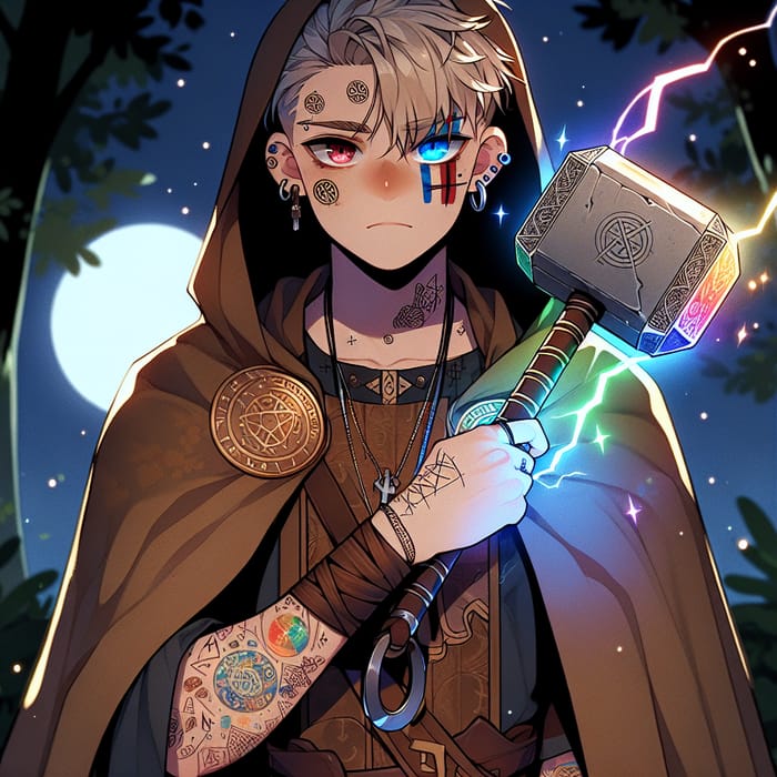 Anime-Style Norse Mythology Teenager with Tattoos and Mjolnir in Night Forest