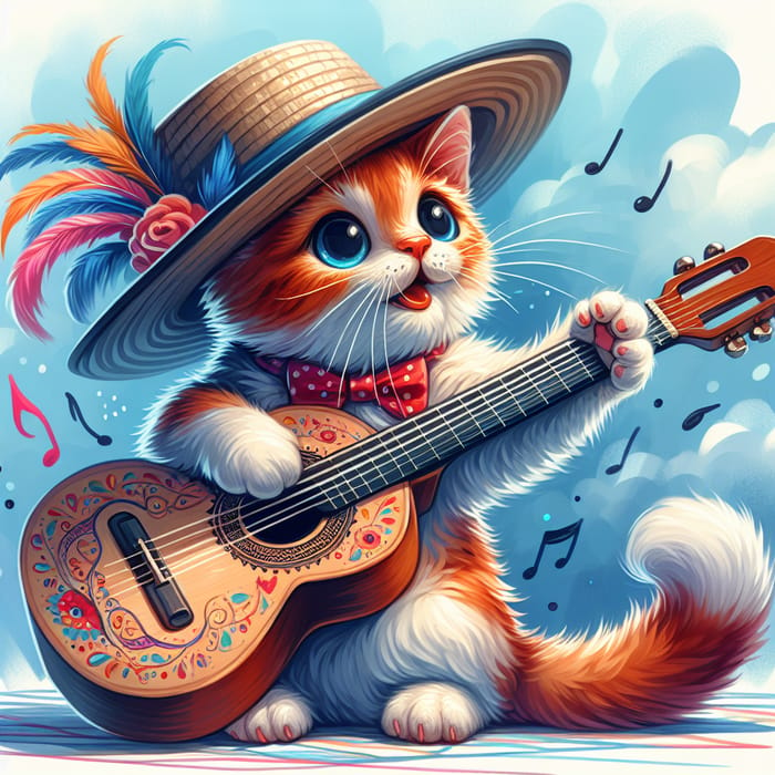 Playful Cat in Hat playing Guitar | Vibrant Musical Painting