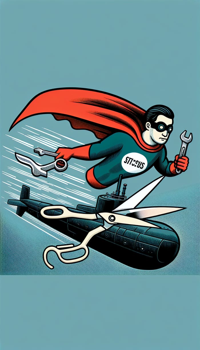 Superpowered Hero Approaching Submarine with Wrench and Screwdriver