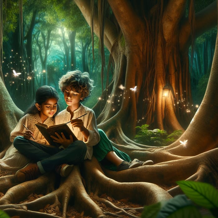 Enchanting Kids Reading in Magical Forest - Captivating Scene