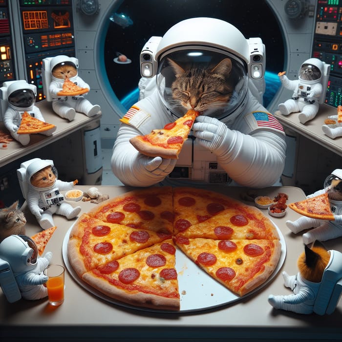 Space Cat Astronaut & Friends Having Pizza Party in Space