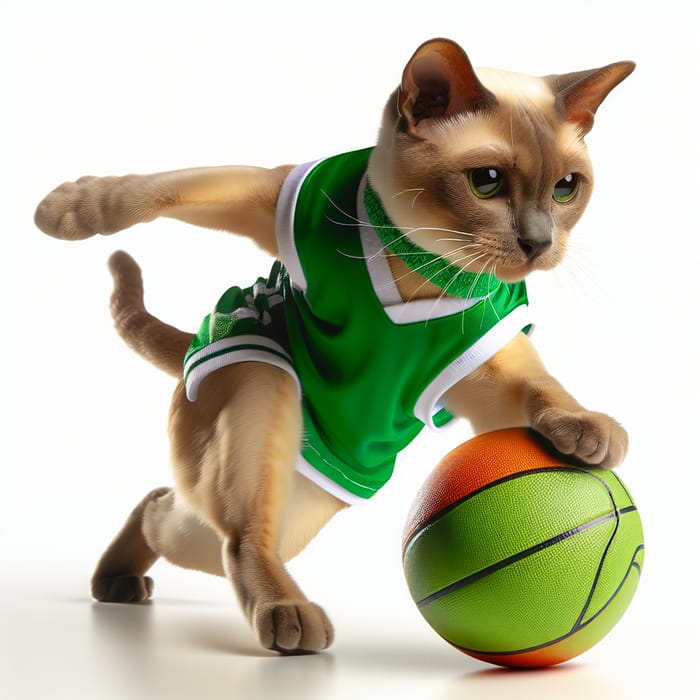 Playful Burmese Cat Dribbling Basketball in Vibrant Green Jersey | Sports Photography