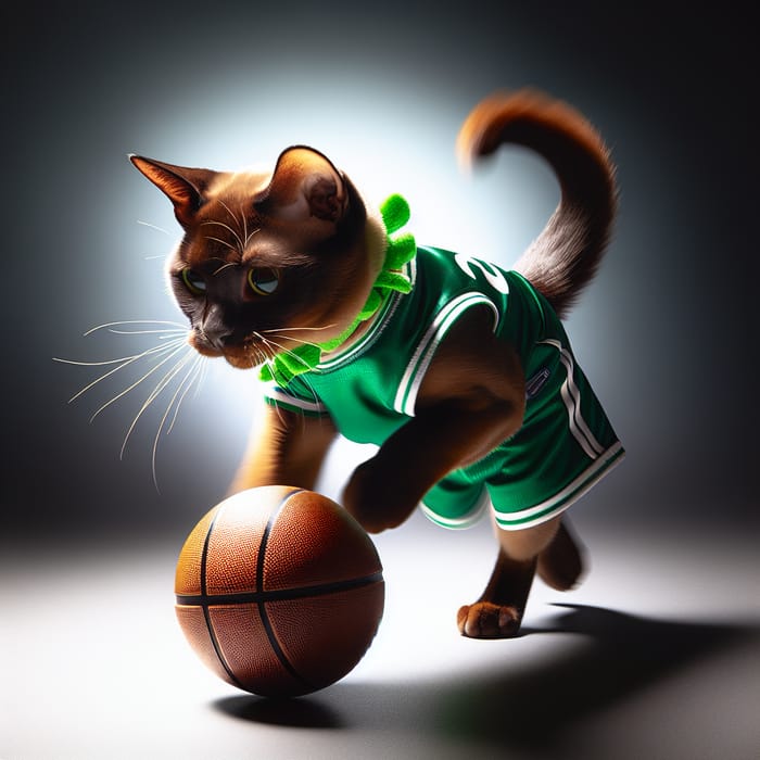 Playful Chocolate Burmese Cat Dribbling Basketball in Action