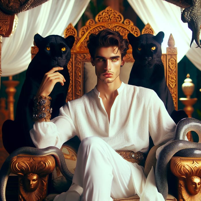 Captivating Middle Eastern Man on Luxurious Throne with Panthers and Serpents