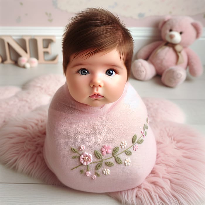 Sweet Newborn Baby Girl Portrait on Pink Swaddle & Cloud Rug