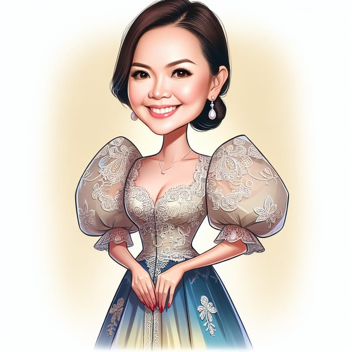 Filipiniana Dress Caricature: Full-bodied Woman with Elegant Posture