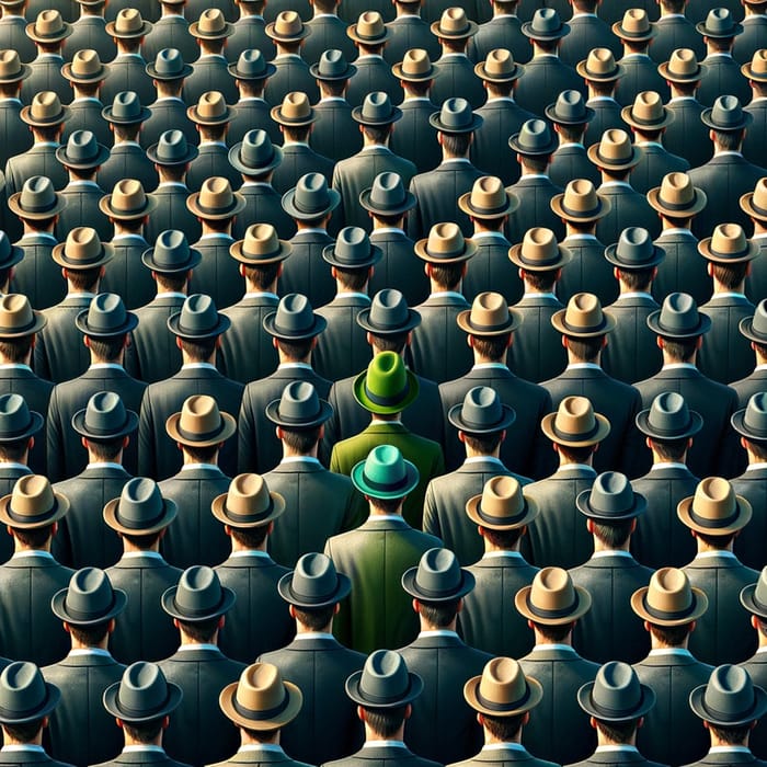 Synchronized Crowd in Formal Attire with Unique Green Hat