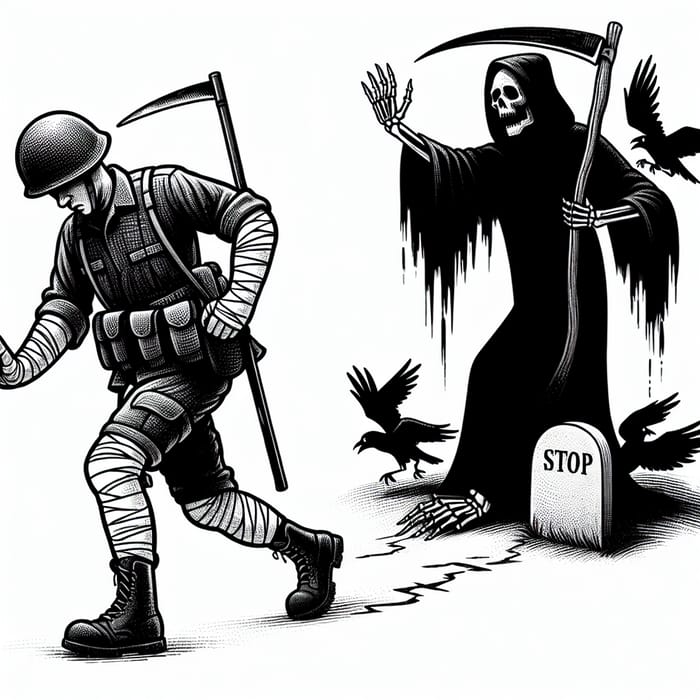 Brave Soldier Signals Stop Ahead as Death Flees in Fear Brave Soldier Signals Stop Ahead as Death Flees in Fear