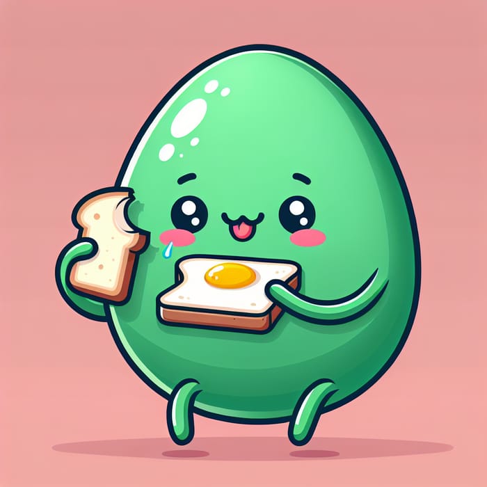 Adorable Green Egg Character with Cute Face Eating Bread and Cake