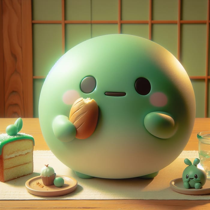 Uniquely Adorable Cotmos: Light Green Ball Munching on Bread and Cake
