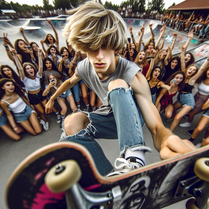 Vibrant Skateboarding Moment: Blonde Teen in Energetic Skate Park