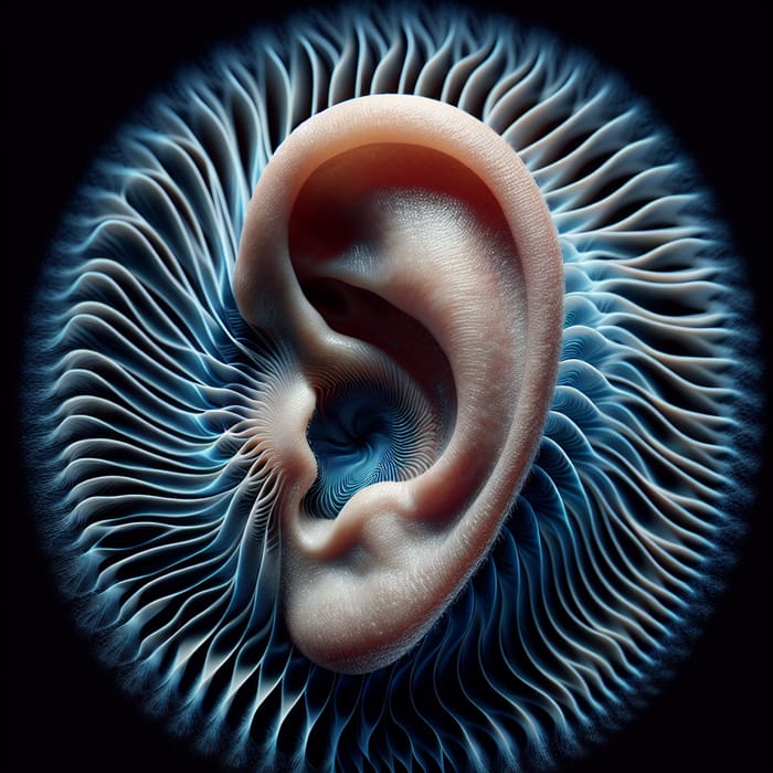 Hyper-Realistic Human Ear Image with Blue Sound Waves