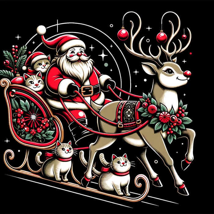 Festive Holiday Reindeer & Santa Sleigh with Cats Vector Graphic