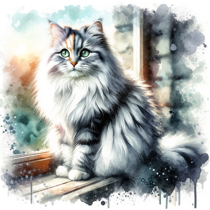 Majestic Watercolor Cat on Windowsill - Soft and Shimmering