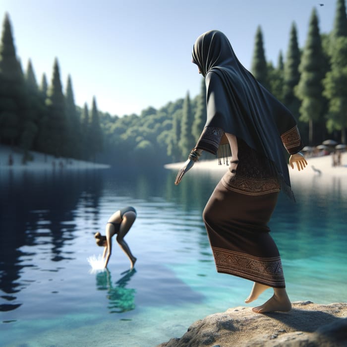 Natural Image of a Middle-Eastern Woman About to Swim in Clear Blue Lake